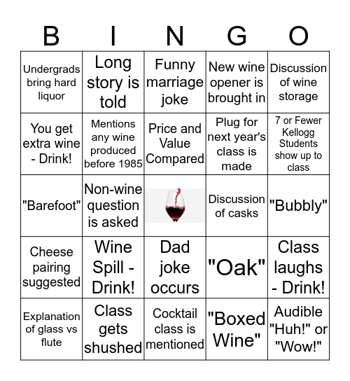 Final Wine Class Bingo Card