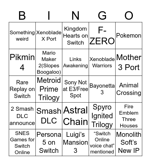 Nintendo E3 Bingo Card