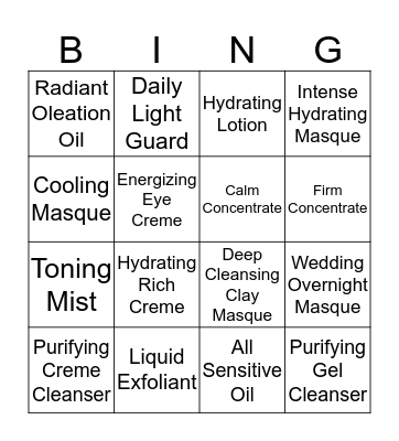 Skin Care Product Bingo Card