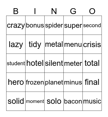 Open Syllables  2 Bingo Card