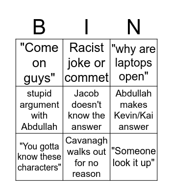 Chinese/Cavanagh Bingo Card