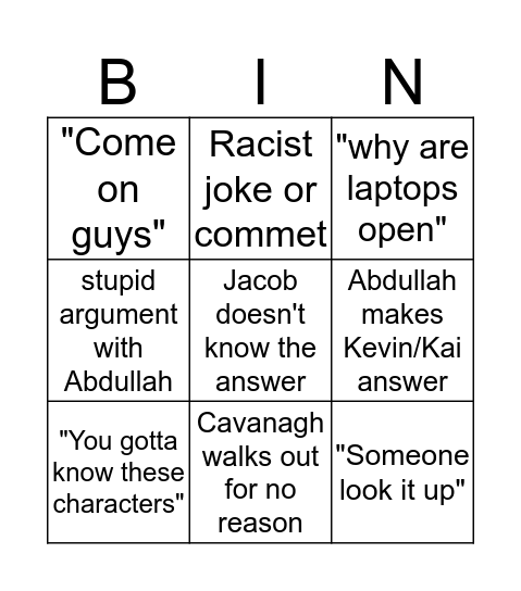 Chinese/Cavanagh Bingo Card