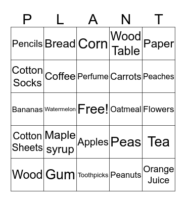 Plant Products Bingo Card