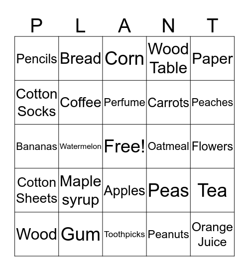 Plant Products Bingo Card