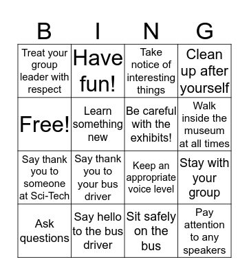 Field Trip Fun! Bingo Card