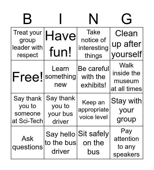 Field Trip Fun! Bingo Card