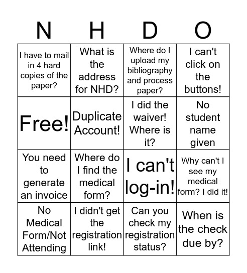 NHD BINGO! Bingo Card
