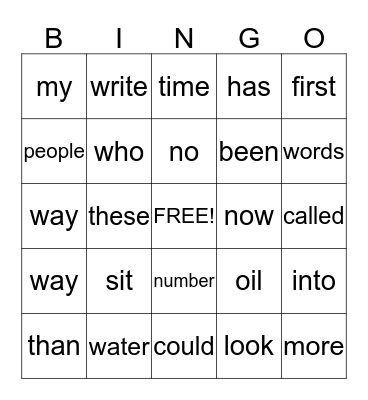Spelling Word Bingo Card