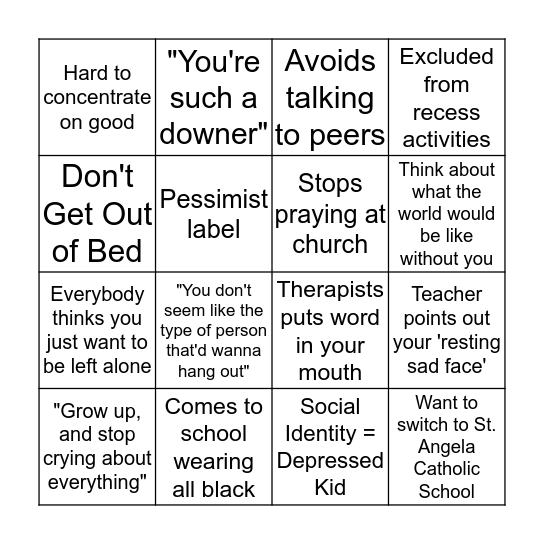 Depression Bingo Card