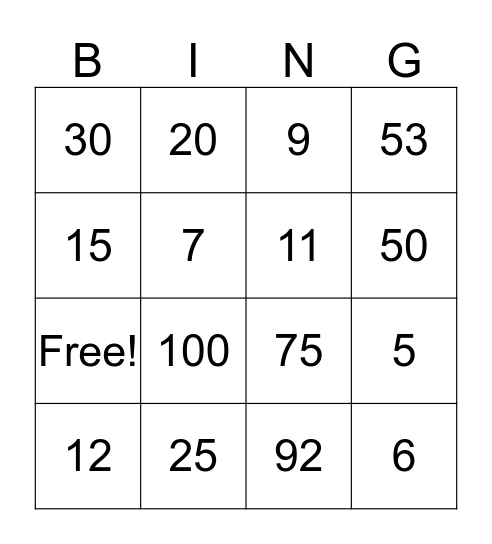 Algebraic Bingo Card