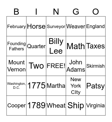 George Washington Bingo Card