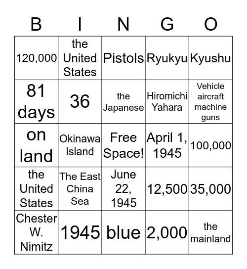 Battle of Okinawa Bingo Card