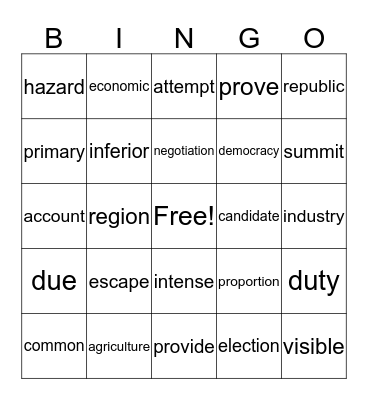 Vocabulary Bingo Card