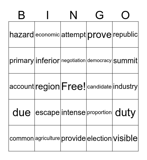 Vocabulary Bingo Card