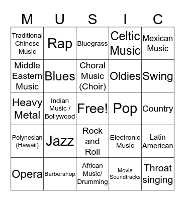 MUSIC GENRE BINGO Card
