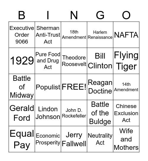 US History Bingo Card