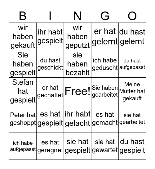 voltooide tijd Duits klaas 2 Bingo Card