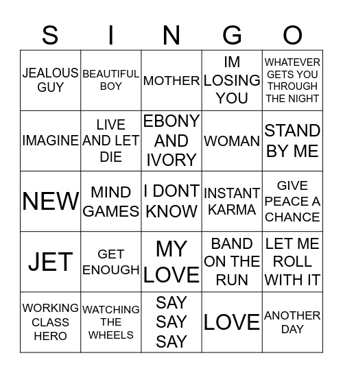 359 JOHN LENNON VS PAUL MCCARTNEY Bingo Card