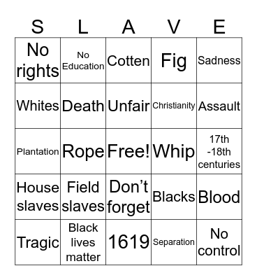 Slavery Bingo Card