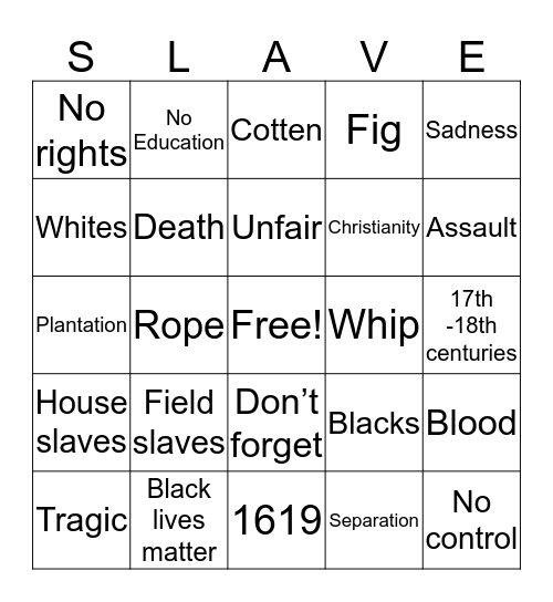 Slavery Bingo Card