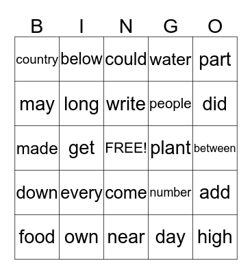 Spelling Word Bingo Card