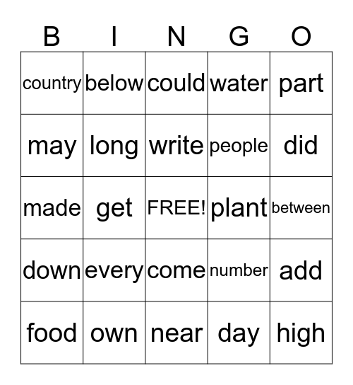 Spelling Word Bingo Card