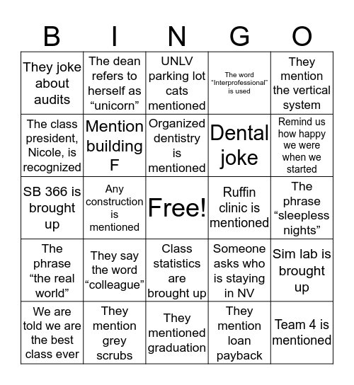 Gala Speech BINGO Card