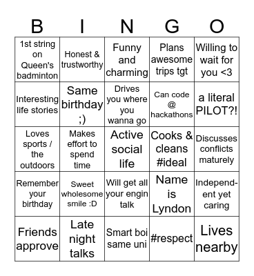 Felicia's Ideal Lovelife Bingo Card