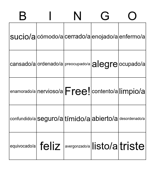 Estar con Condiciones e Emociones Bingo Card
