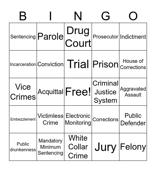 Crime and Corrections Terms Bingo Card