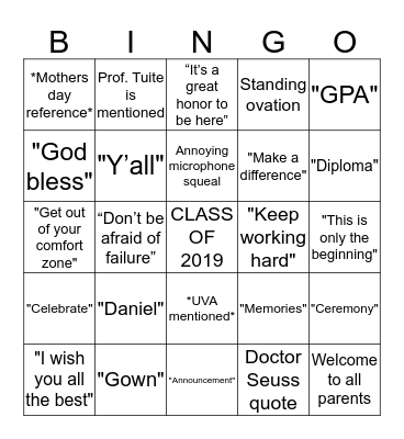 Graduation Bingo Card