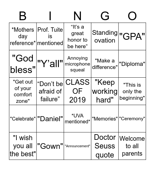 Graduation Bingo Card