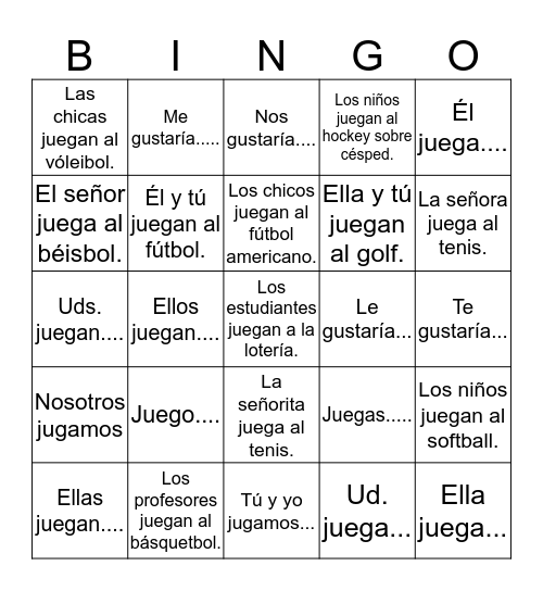 El verbo jugar a..... (to play a sport) Bingo Card