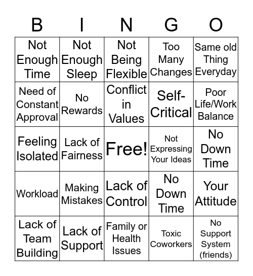 BURNOUT  FACTORS Bingo Card