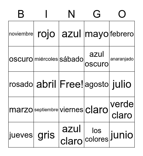 Colores, Dias y Meses  Bingo Card