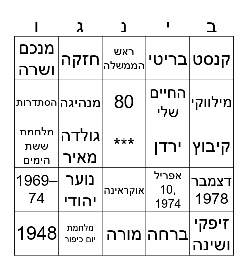 גולדה מאיר בינגו Bingo Card