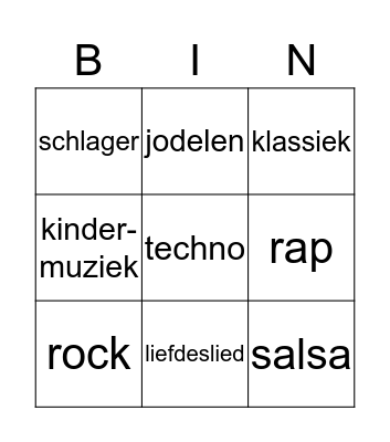 Muziek Bingo Card