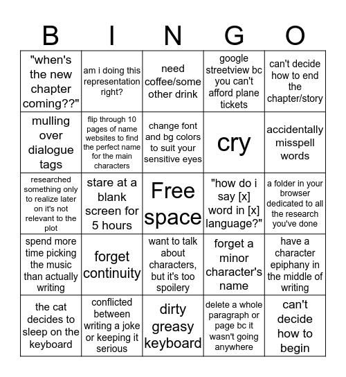 Writers Bingo Card