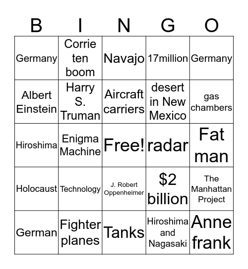 Holocaust, Technology, atomic bomb  Bingo Card