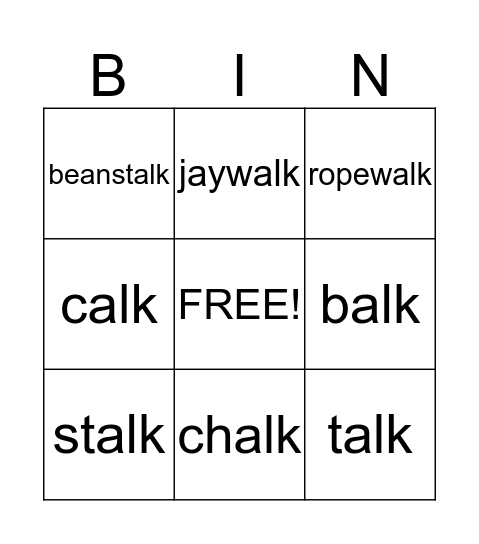 Vowel Patterns "alk" Bingo Card