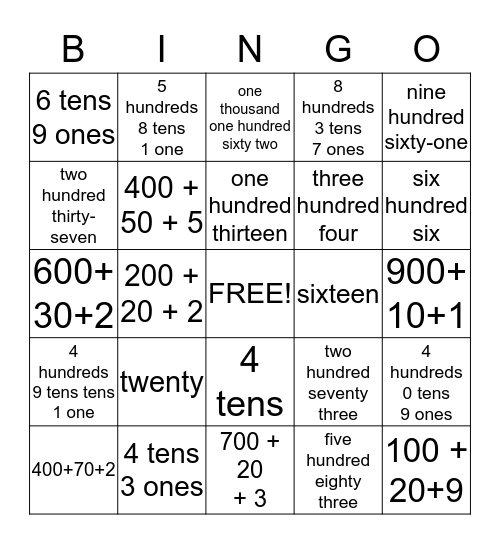 Place Value Bingo Card