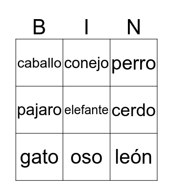Spanish Animals Bingo Card