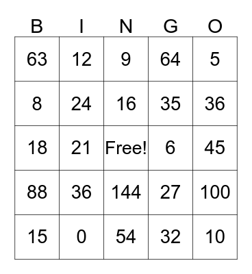Multiplication Bingo Card