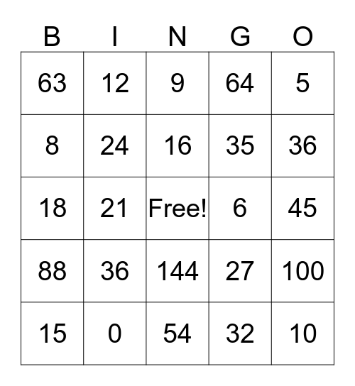 Multiplication Bingo Card