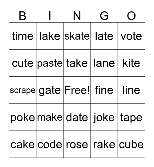 Sneaky E Words  Bingo Card