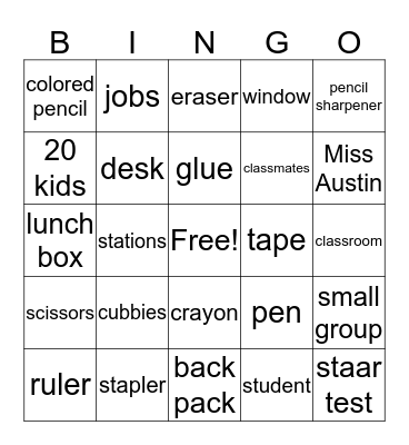 school Bingo Card