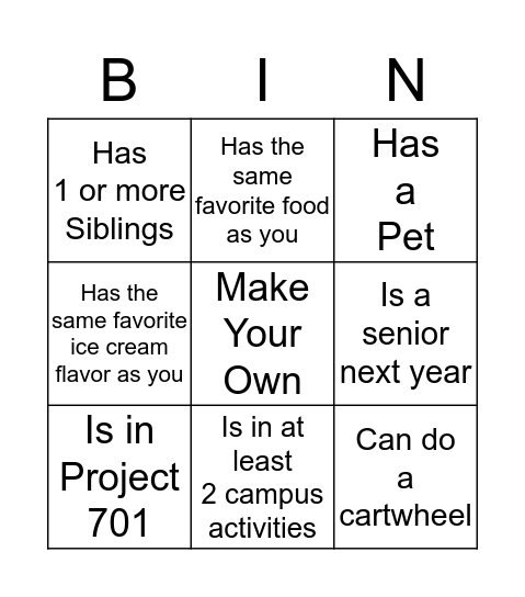 Orientation Leader Bingo Card