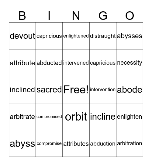 Vocabulary Lesson #12 Bingo Card