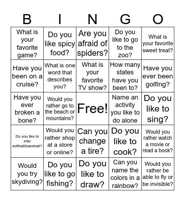 Tell Us About You Bingo Card