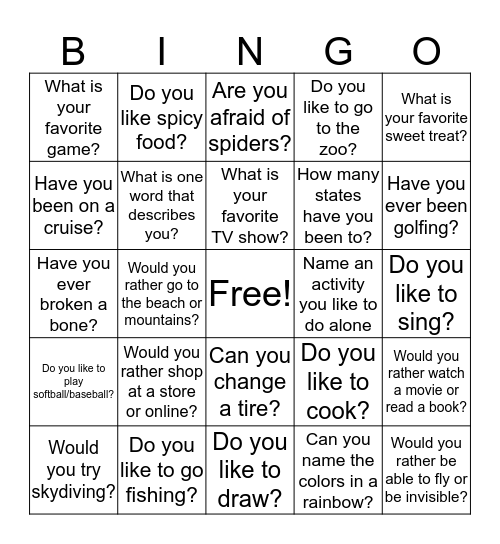 Tell Us About You Bingo Card